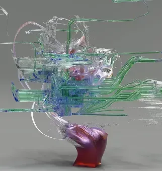 An abstract digital artwork with green, blue, red, and purple liquid elements.