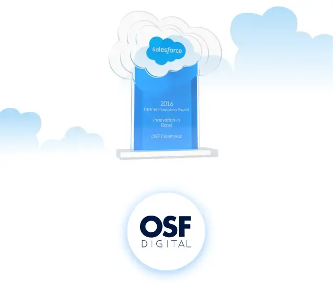 A blue Salesforce cloud trophy with text '2015 Salesforce Partner of the Year' and OSF Digital logo.