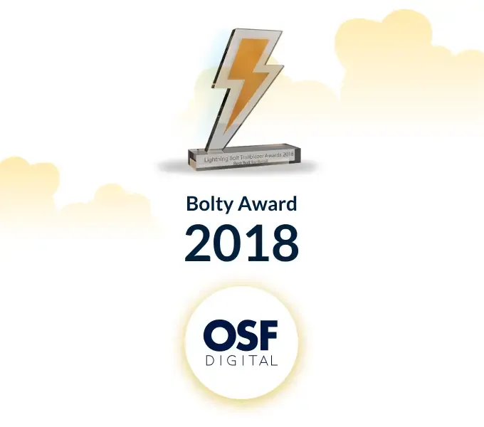 A silver lightning bolt trophy for Bolty Award 2018 with OSF Digital logo.