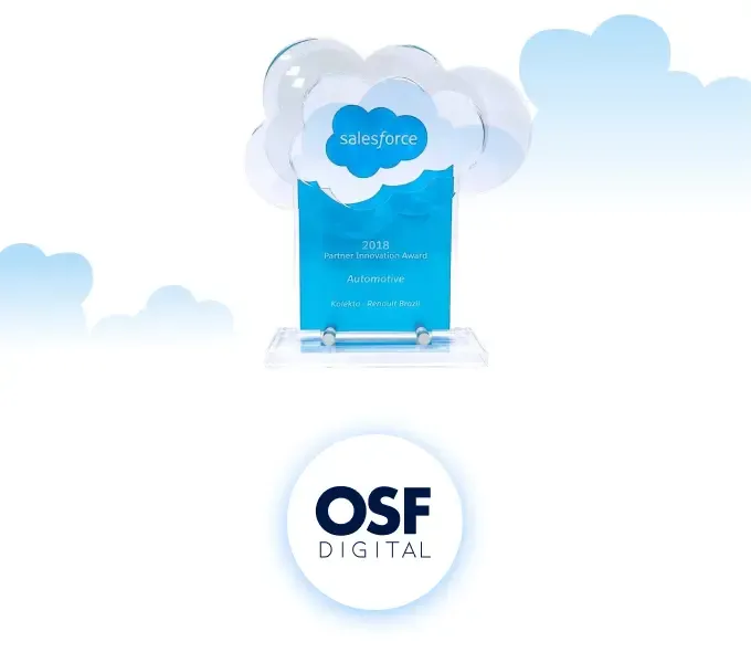 Salesforce Commerce Cloud Partner of the Year 2017 award trophy and OSF Digital logo.