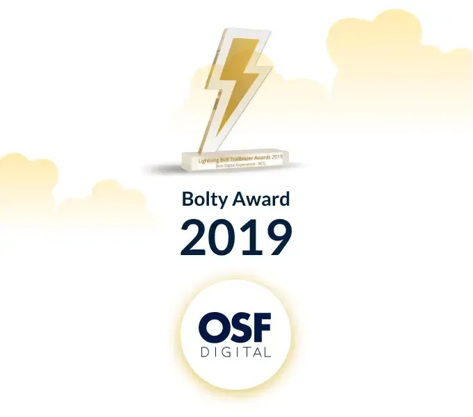 A silver lightning bolt trophy for Bolty Award 2019 with OSF Digital logo.