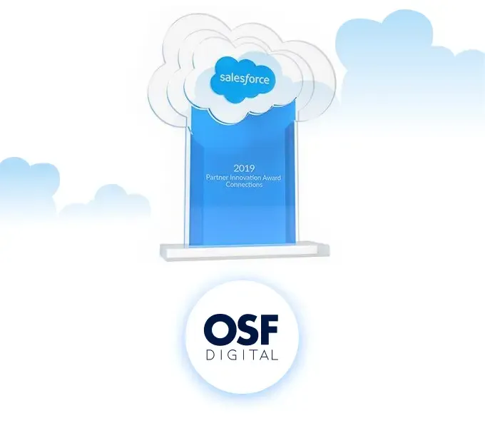 Salesforce Commerce Cloud Partner of the Year 2019 award trophy and OSF Digital logo.