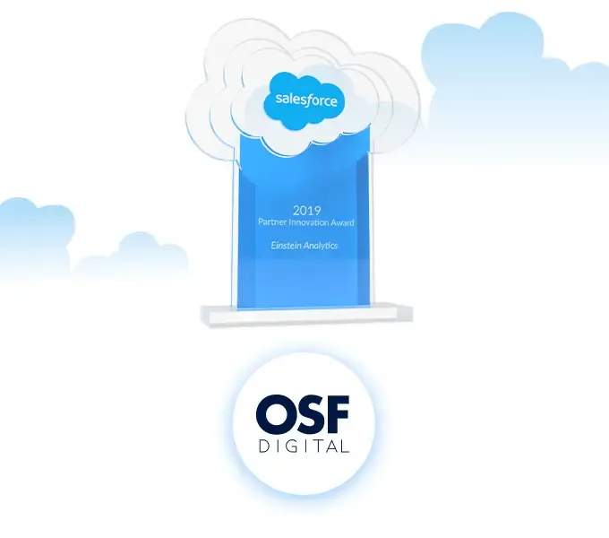 Salesforce Commerce Cloud Partner of the Year 2018 award trophy with OSF Digital logo.