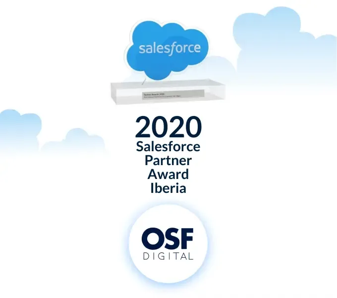 Salesforce Partner Award Iberia 2020 trophy with OSF Digital logo.