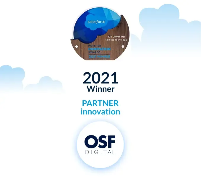 A Salesforce 2021 Partner Innovation award trophy depicting a globe with OSF Digital logo.