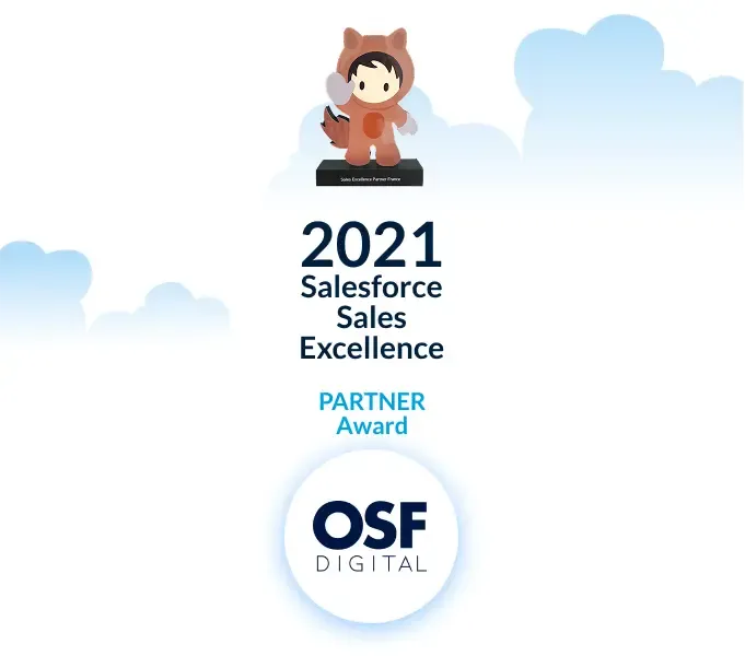 Salesforce Sales Excellence Partner Award 2021 with Astro character and OSF Digital logo.
