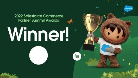 Salesforce Astro character proudly holding a gold trophy, celebrating a 'Winner!' award.