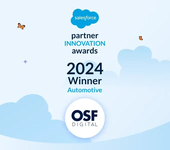 Salesforce Partner Innovation Awards 2024 Winner Automotive category with OSF Digital logo.