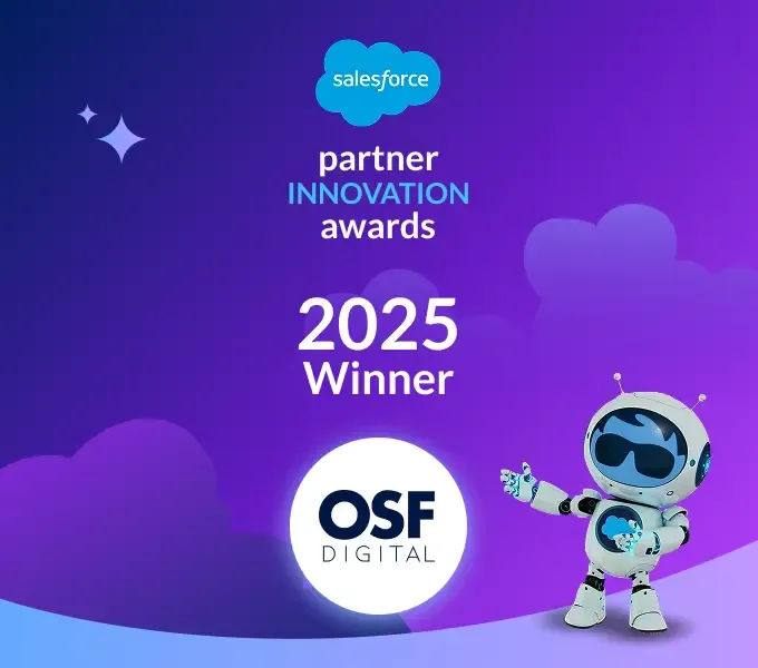 Salesforce Partner Innovation Awards 2025 Winner with a friendly robot character.