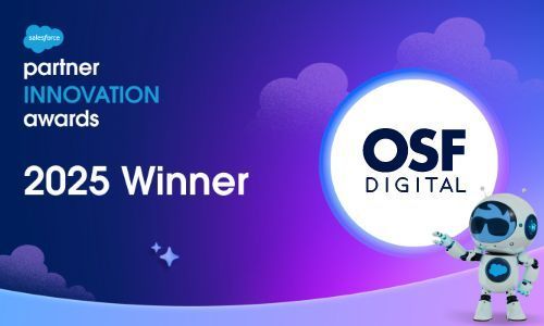 Salesforce Partner Innovation Awards 2025 Winner, OSF Digital, with a robot mascot.