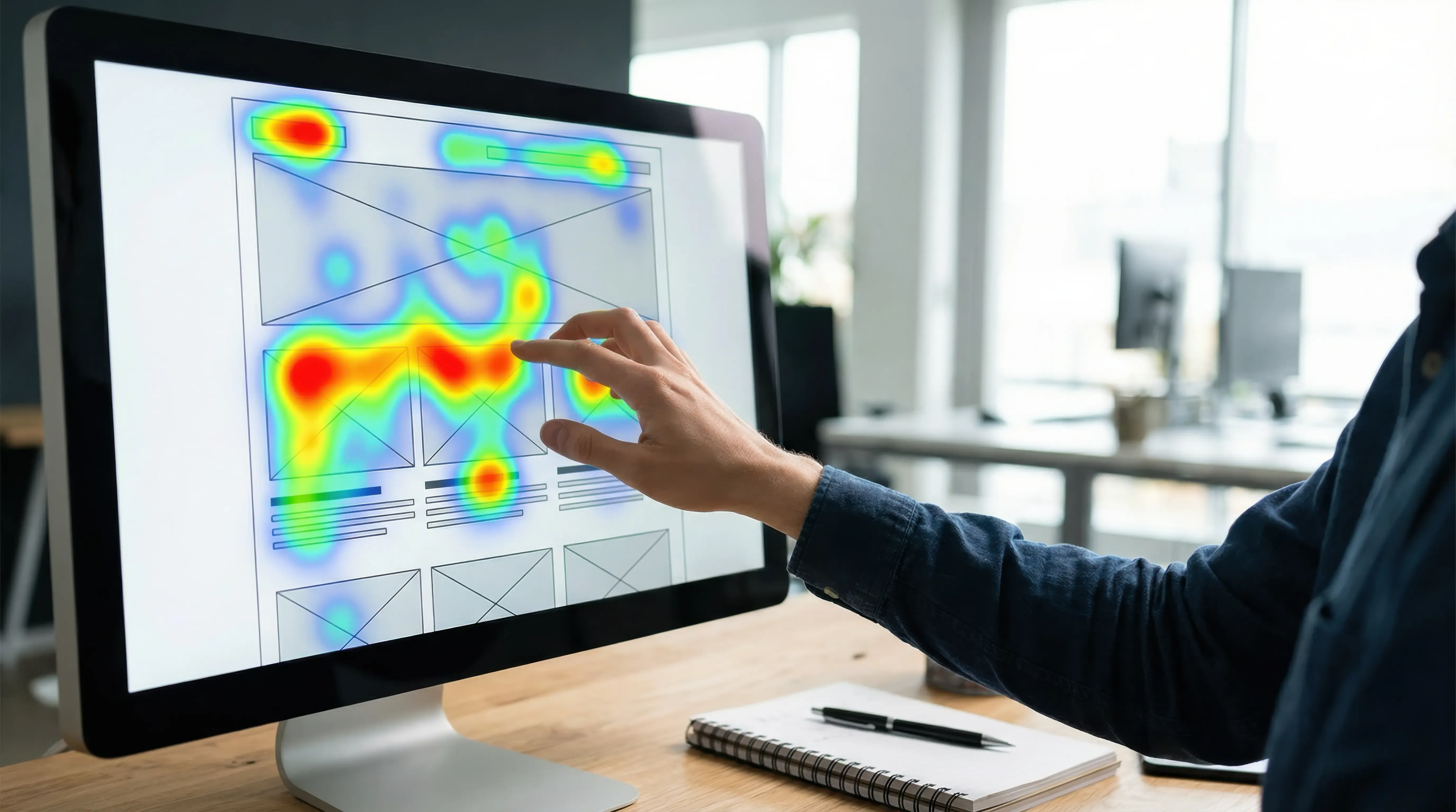 Professional's hand pointing at a computer screen displaying a website with a user interaction heatmap.