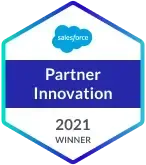 Salesforce Partner Innovation 2021 Winner badge, blue hexagon design.