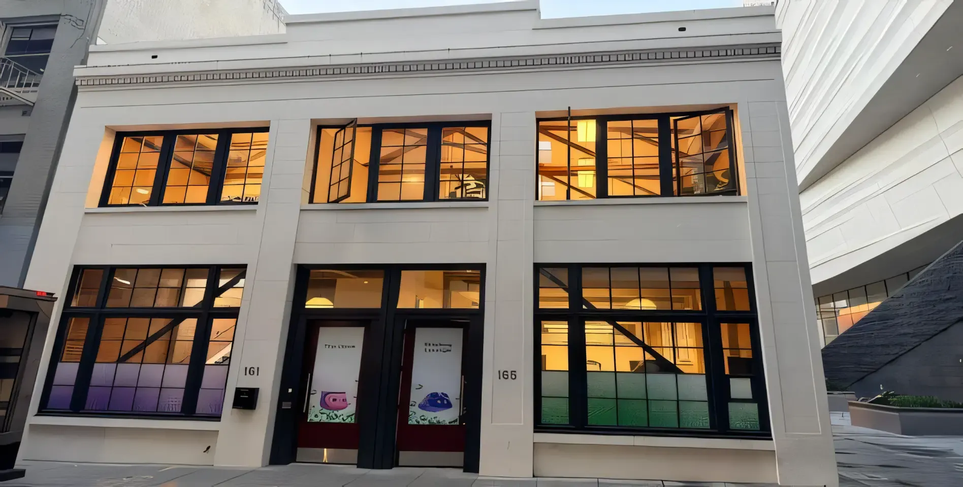 A cream-colored two-story building with large black-framed windows, some open, revealing interior lights.