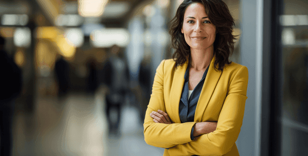 Smiling professional woman in a yellow blazer with crossed arms in a modern office hallway.