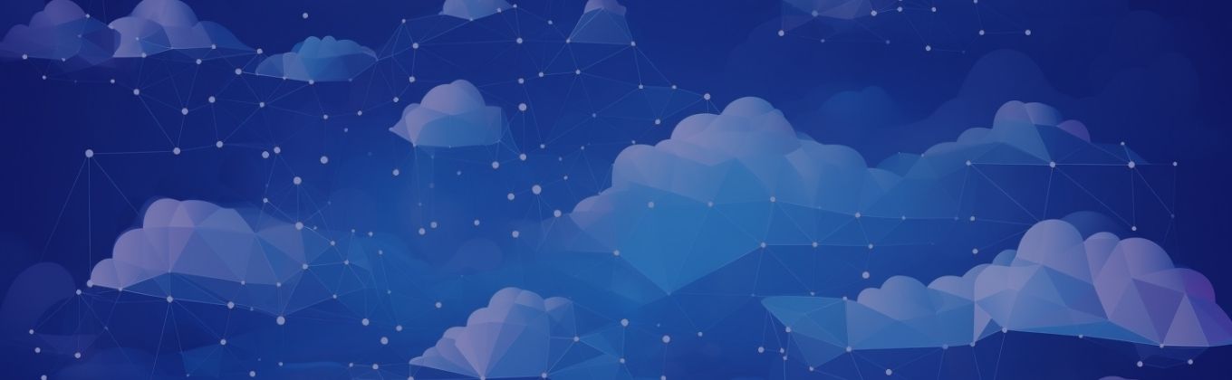 Abstract dark blue sky with polygonal clouds and small, scattered white points.