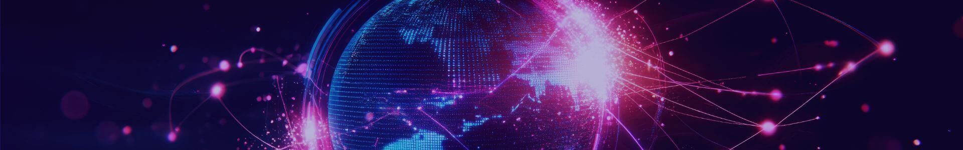 Abstract digital background with glowing blue and pink light streaks and connected data points.