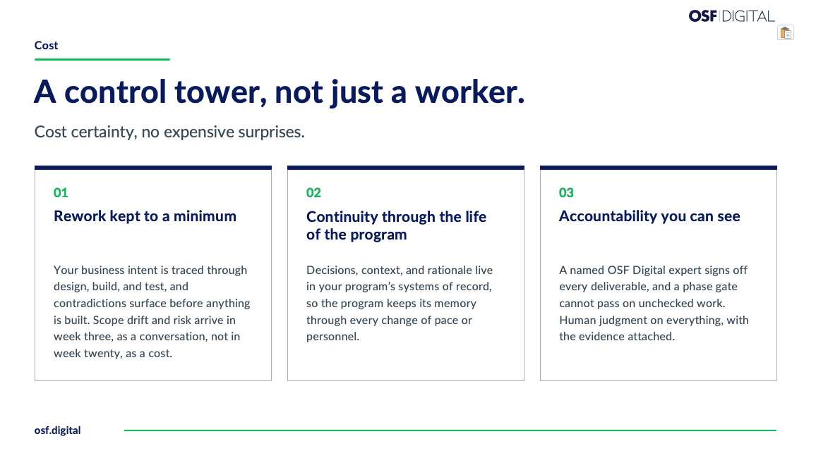 How Kepler delivers cost certainty: rework kept to a minimum, continuity through the program, and expert sign-off on every deliverable.