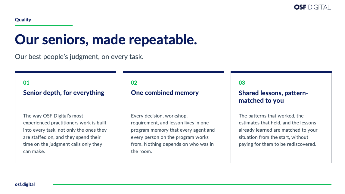 How Kepler delivers quality: senior depth on every task, one combined program memory, and past lessons matched to your program from the start.