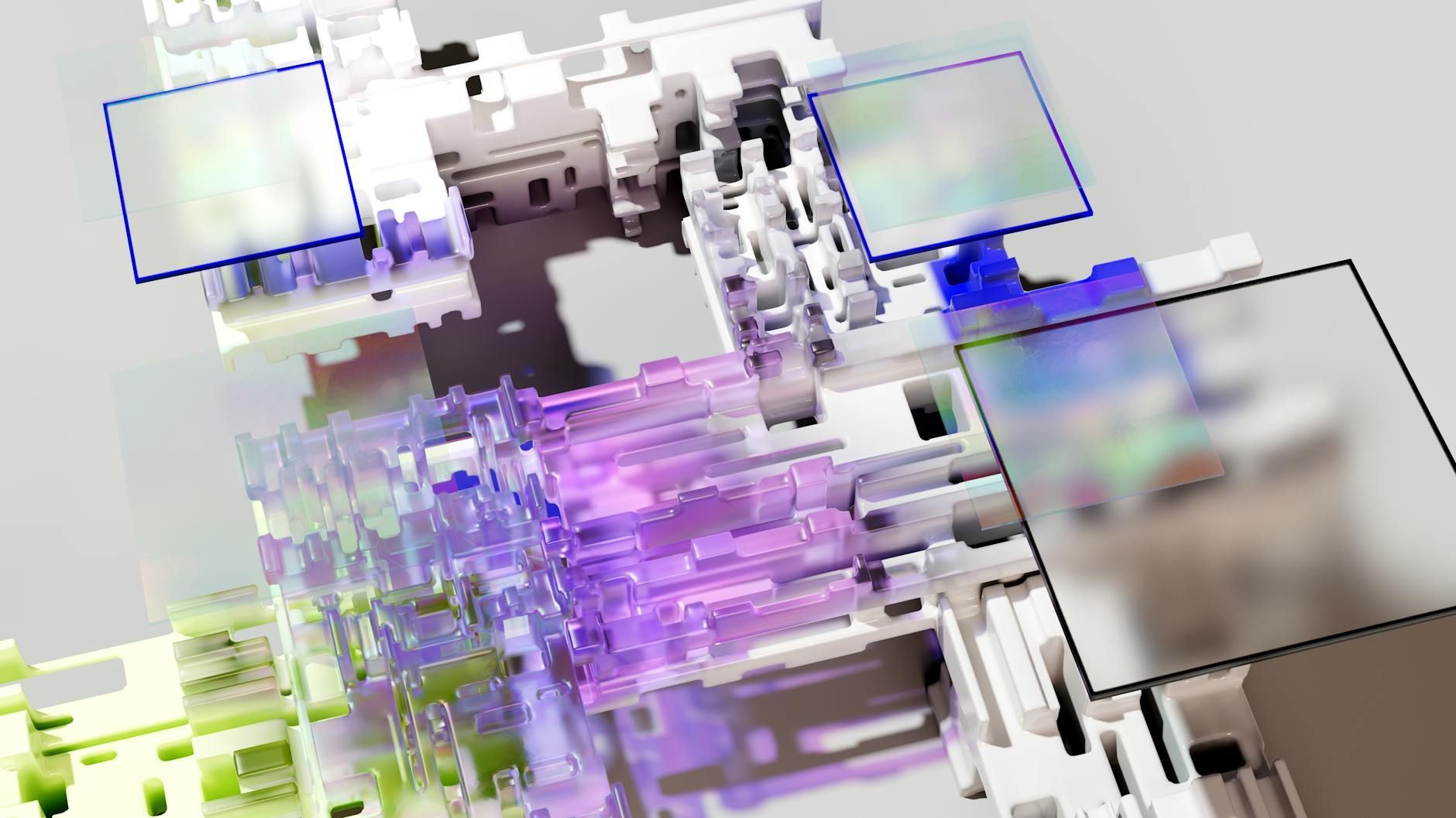 Abstract geometric digital structure with interconnected layers and blurred colorful screens.