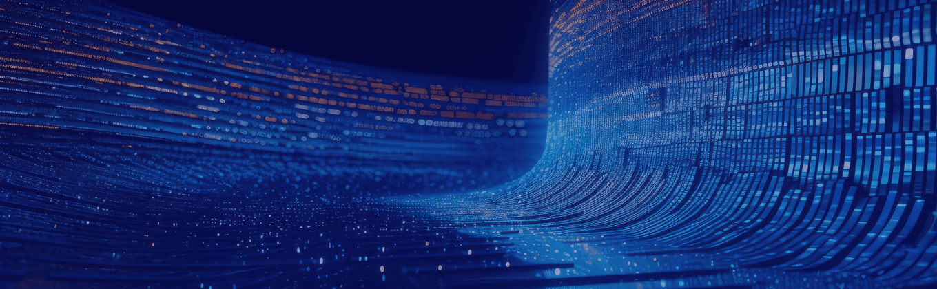 Abstract blue digital data streams flow across curved surfaces, suggesting information processing.