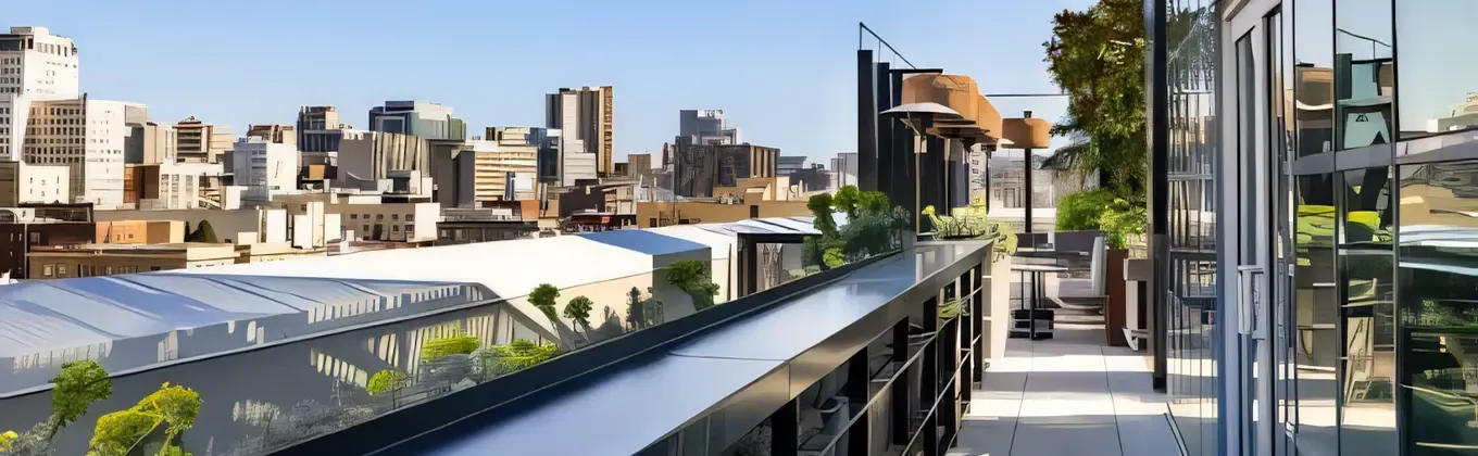 Modern outdoor patio with sleek railing and glass windows overlooking a dense city skyline.