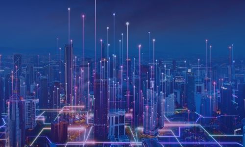 Futuristic city skyline at night with glowing data connections between buildings.