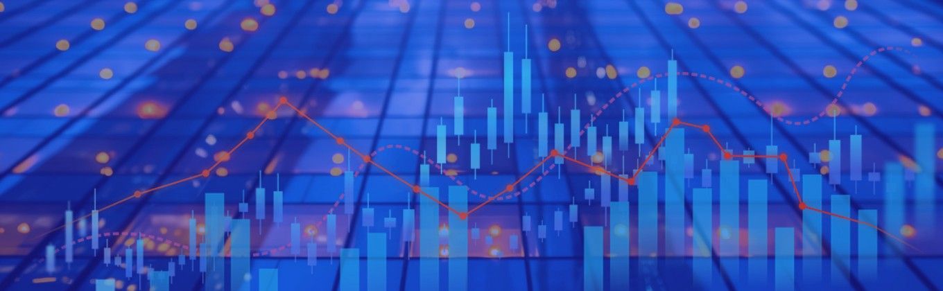 Abstract blue background with digital bar charts and financial data visualizations.