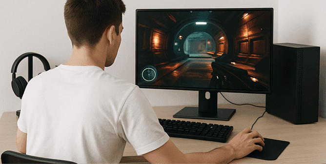 Man playing a first-person video game on a desktop computer at a wooden desk.