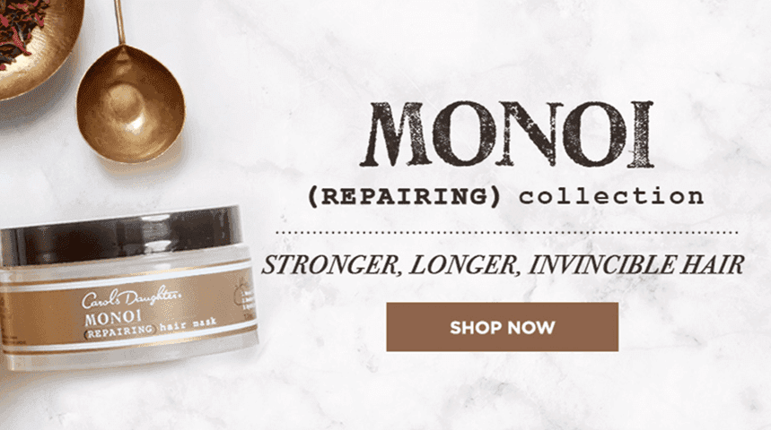 Monoi Repairing collection hair mask with text promoting stronger, longer, invincible hair.