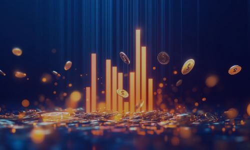Digital bar graph representing financial growth with scattering golden coins and bright light rays.