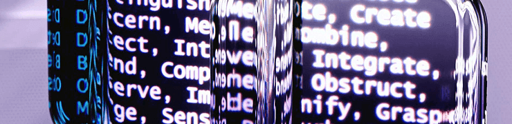 Reflective digital blocks display words like 'Integrate', 'Combine', and 'Sense' on a purple background.