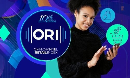 Woman interacting with a smartphone displaying shopping icons, next to the ORI 2025 logo.