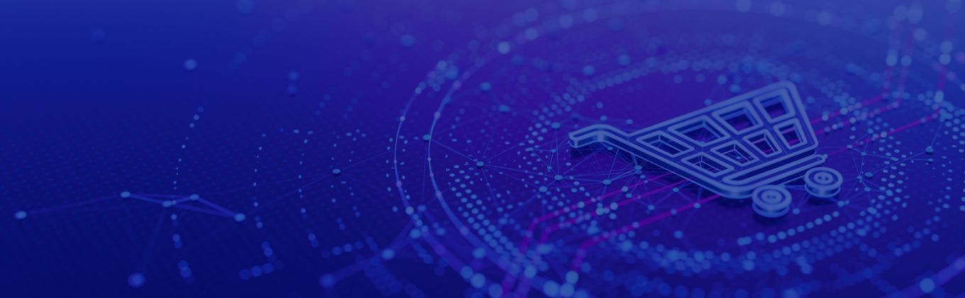 Glowing digital shopping cart icon on a futuristic blue-purple background with circuit patterns.