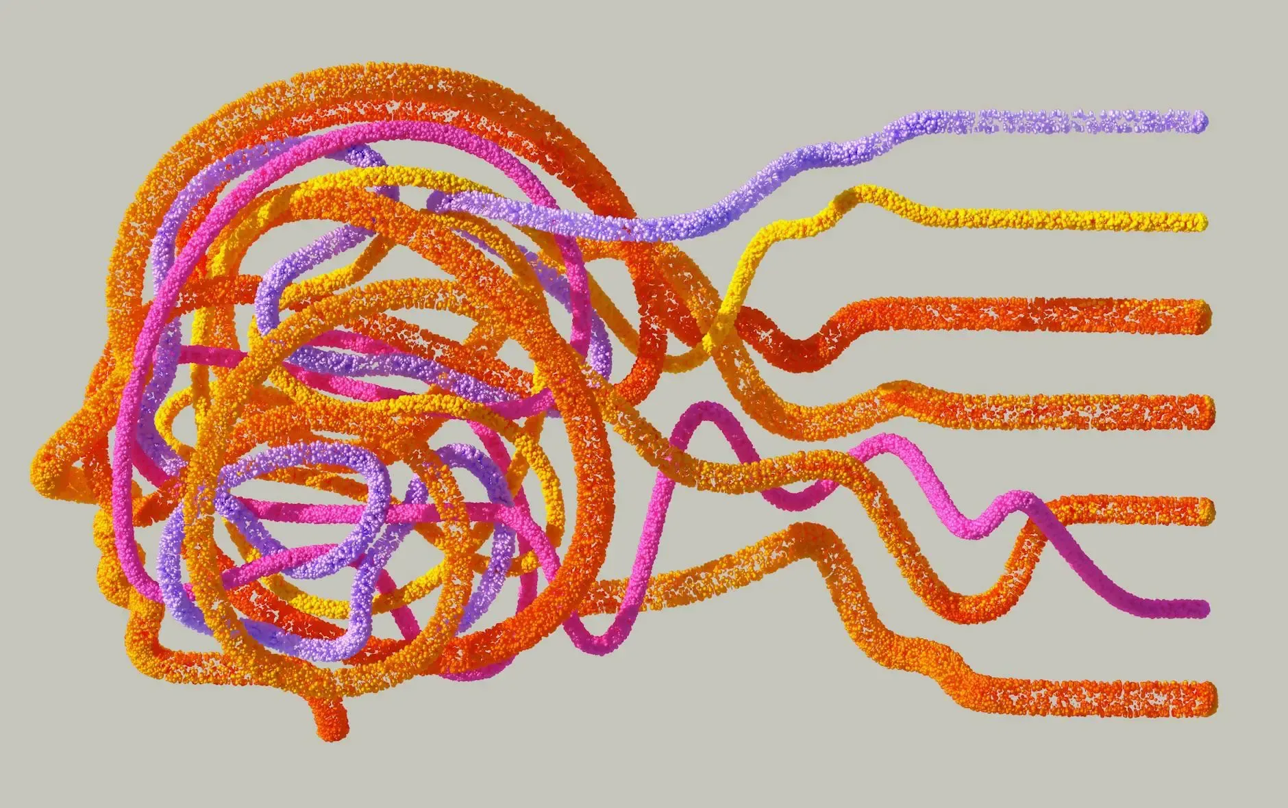 Abstract human head silhouette filled with colorful tangled lines, leading to organized waves.