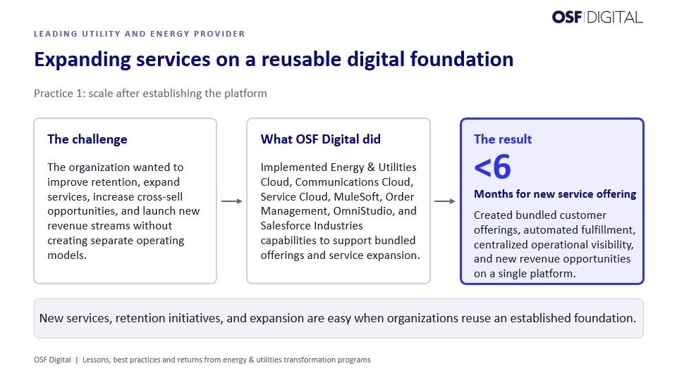 Reusable energy and utilities platform supporting bundled services, automated fulfillment, operational visibility, retention initiatives, and revenue growth.