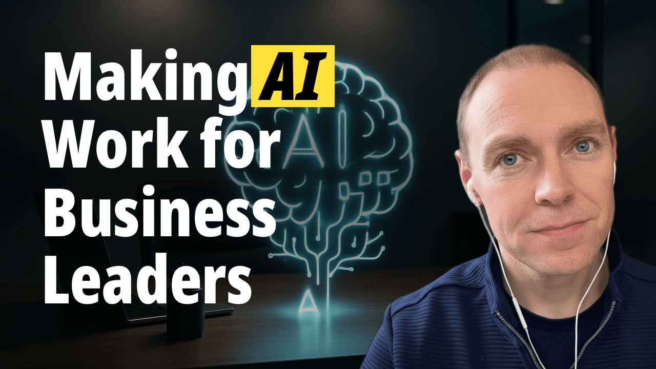 Two men, one with earbuds, discussing 'Making AI Work for Business Leaders'.