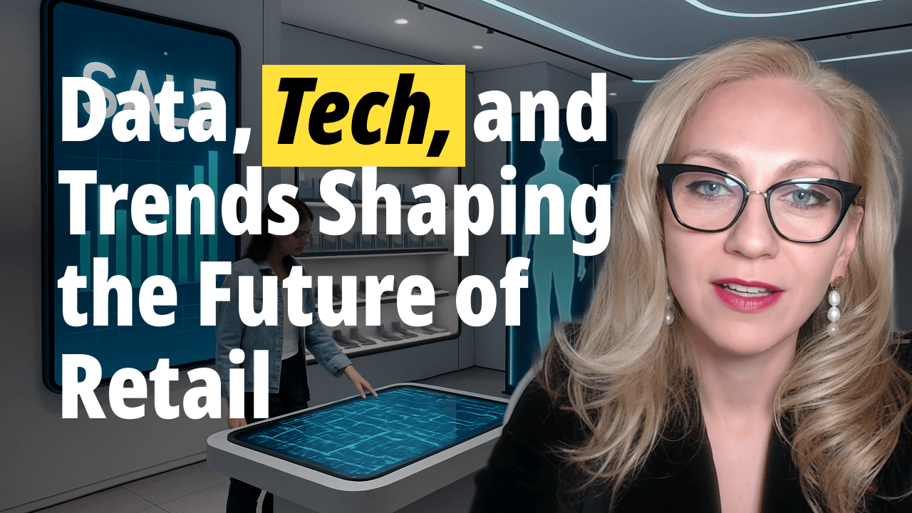 Man and woman discuss 'Data, Tech, and Trends Shaping the Future of Retail'.