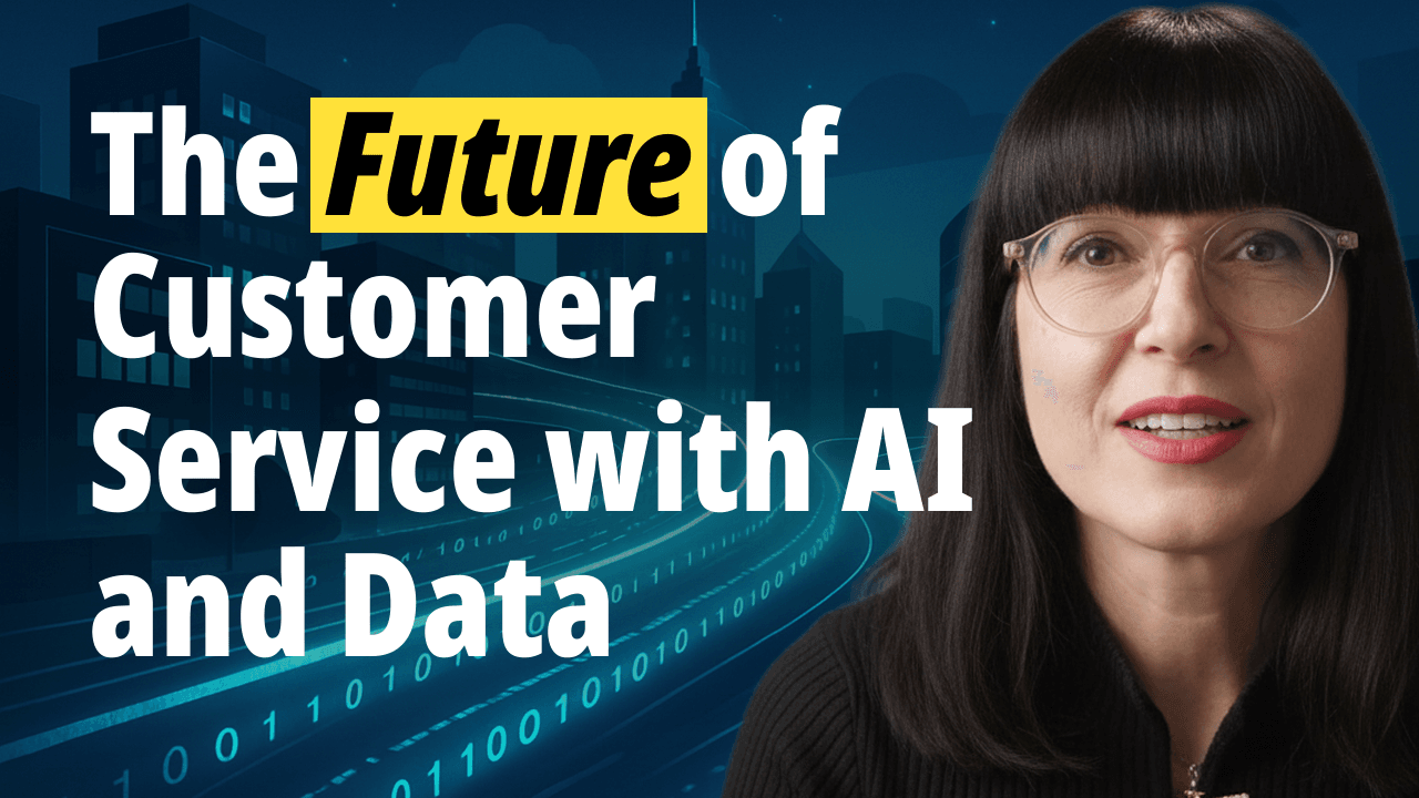 Man and woman discuss 'The Future of Customer Service with AI and Data'.