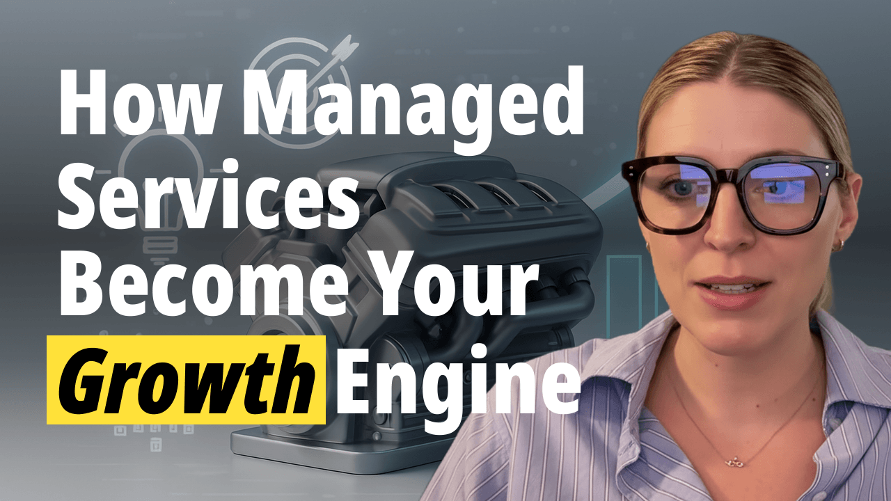 Man and woman discussing 'How Managed Services Become Your Growth Engine'.