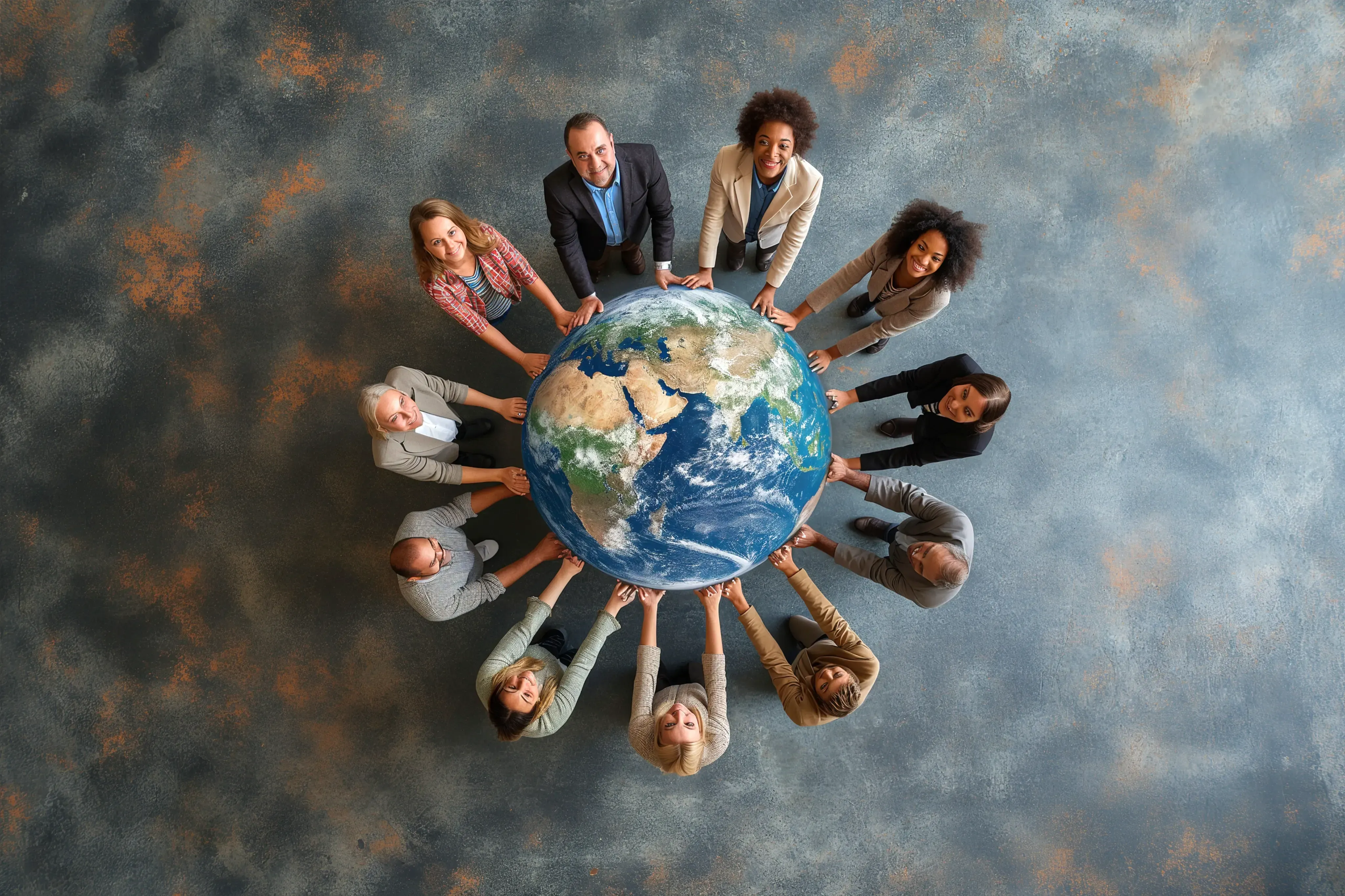 Diverse group of people holding hands in a circle around a glowing earth globe.