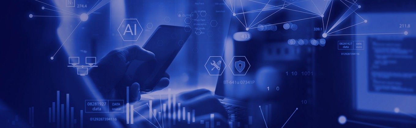 Hands interacting with a smartphone and keyboard amidst digital AI interface elements.