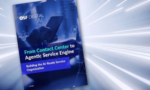 Brochure cover: 'From Contact Center to Agentic Service Engine' by OSF Digital.