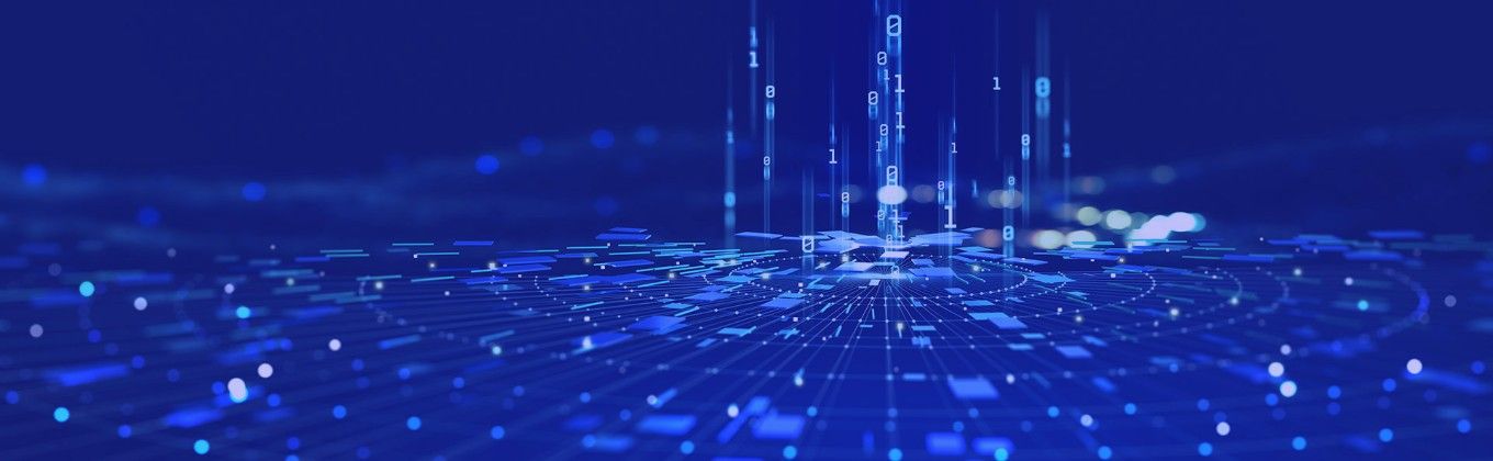 Abstract blue background with data flowing upwards from a digital grid.