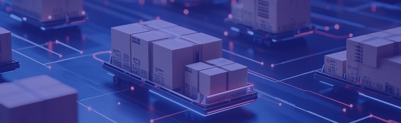 Digital trucks carrying boxes on a glowing circuit board, illustrating modern logistics.