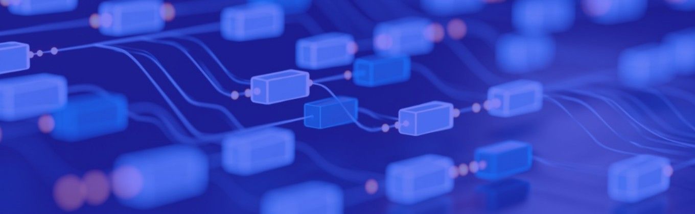 Abstract blue network illustration with interconnected blocks representing data flow or blockchain.