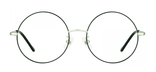 A pair of round, metal-rimmed eyeglasses with thin silver frames and clear nose pads.
