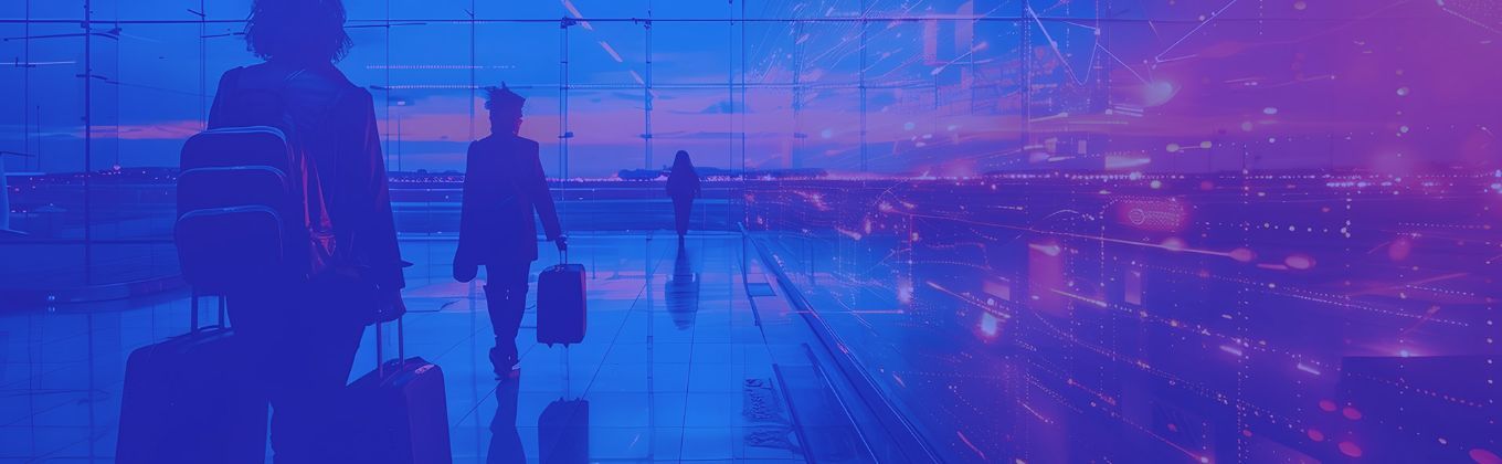 Silhouetted people walk in a blue and purple-toned airport terminal with city lights.