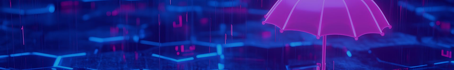 Abstract digital background with glowing purple light and blue geometric patterns.