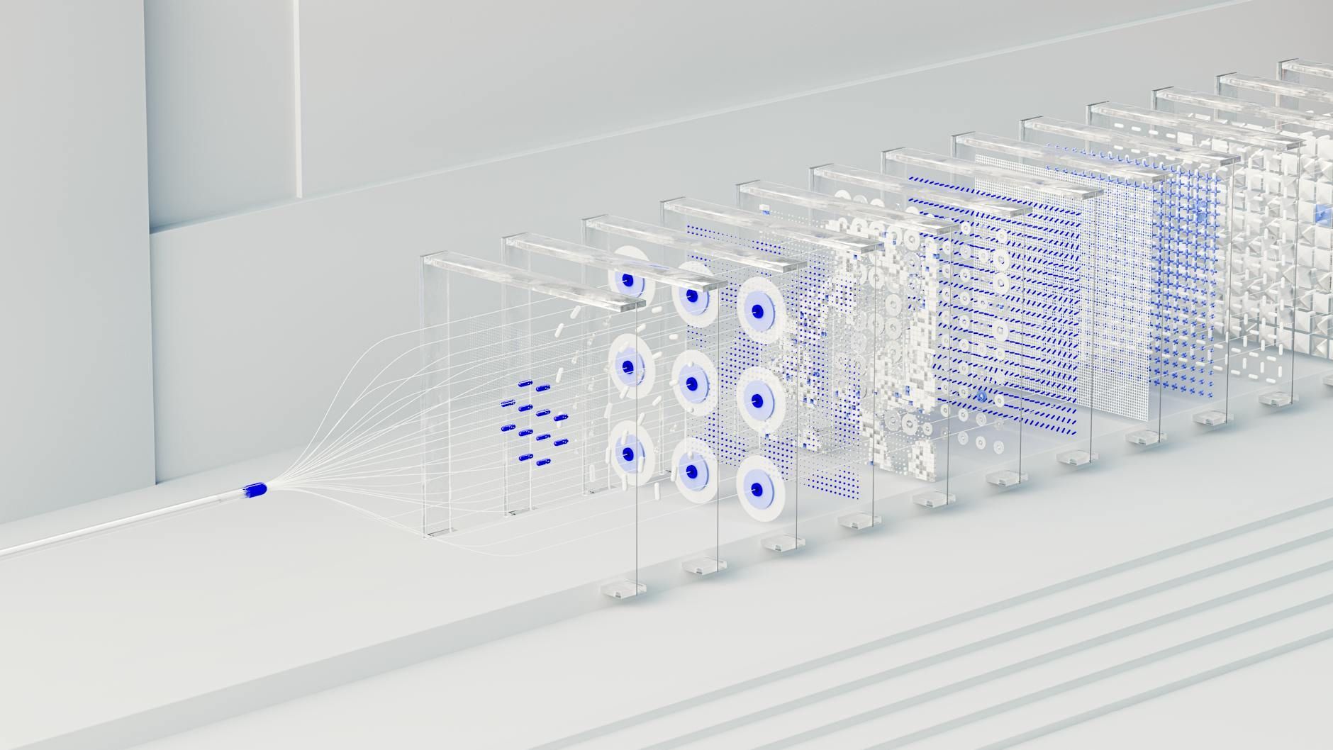 Transparent digital layers with blue nodes and connections, illustrating data processing.