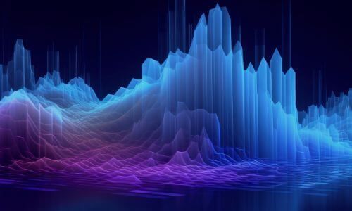 Digital visualization of blue and purple fluctuating data peaks on a dark background.